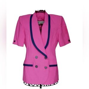 VTG 80s Hot Pink Blazer W/ Navy Blue Trim Double-Breasted Jacket. Size 8